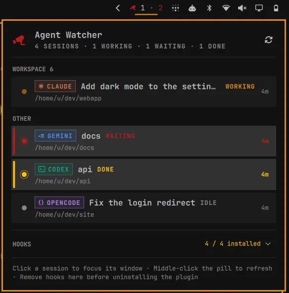 The Agent Watcher panel: four sessions, Claude working, Gemini waiting, Codex done and OpenCode idle, each with its folder, plus the hooks section with 4 of 4 installed.